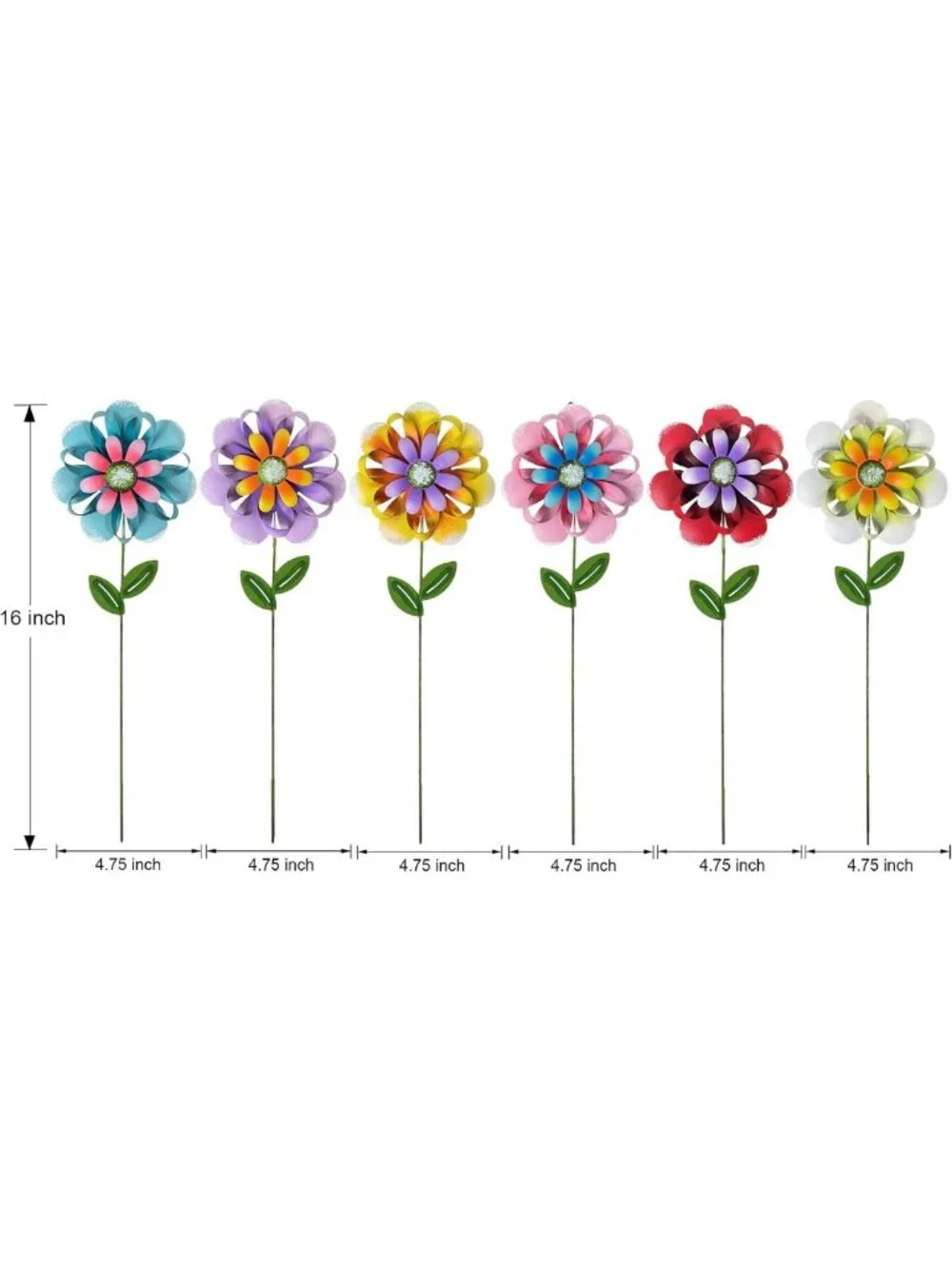 Colorful Metal Flower Garden Stakes Set of 6 - Large Decorative Outdoor Decor